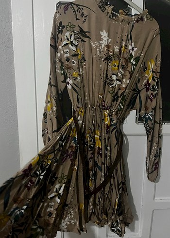 Desenli Bohem Uzun Kollu Bej Elbise - Görsel 2