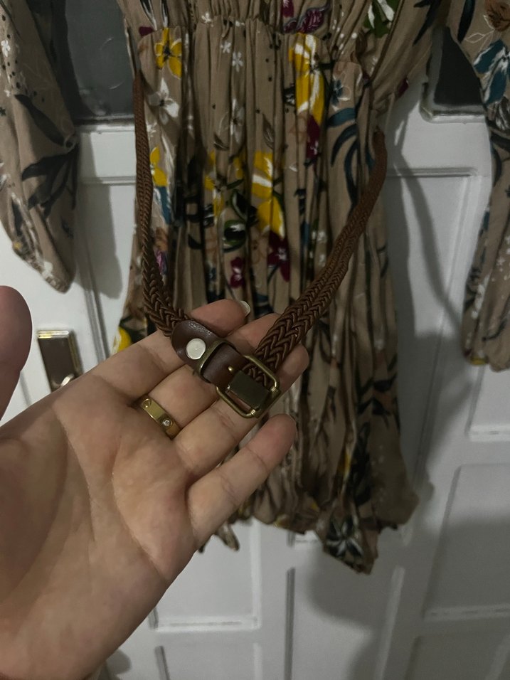 Desenli Bohem Uzun Kollu Bej Elbise - Görsel 3