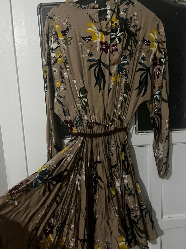 Desenli Bohem Uzun Kollu Bej Elbise - Görsel 4