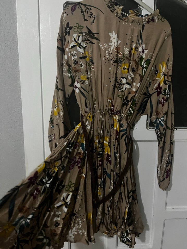 Desenli Bohem Uzun Kollu Bej Elbise - Görsel 2