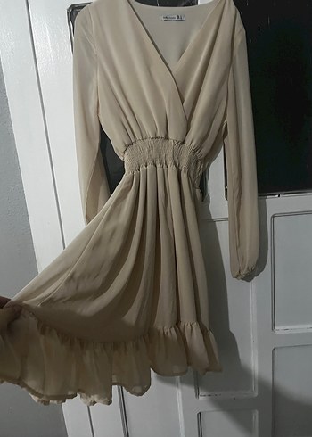 Bej V Yaka Uzun Kollu Salaş Elbise - Görsel 2