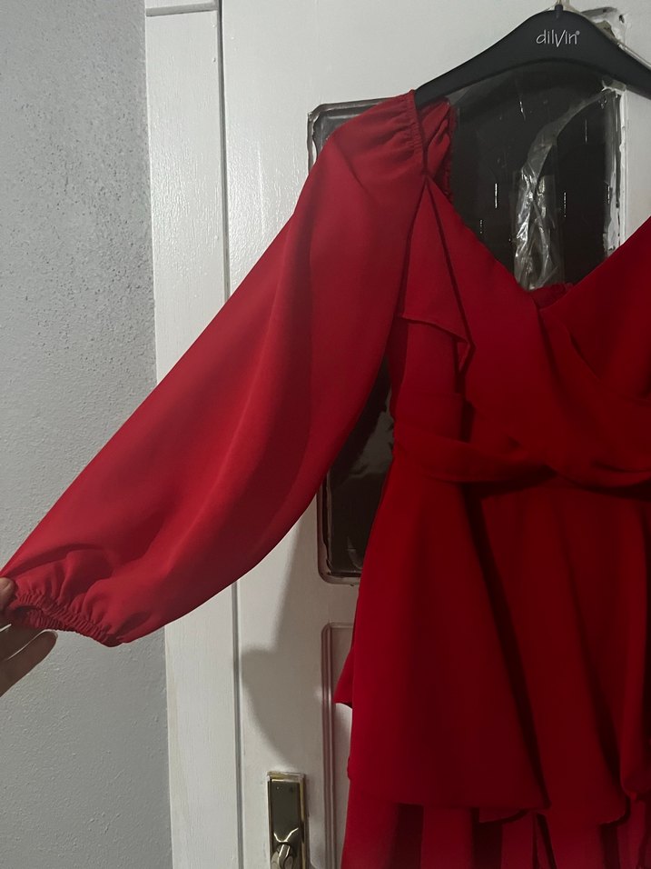 Bordo V Yakalı Midi Kadın Elbise - Görsel 3