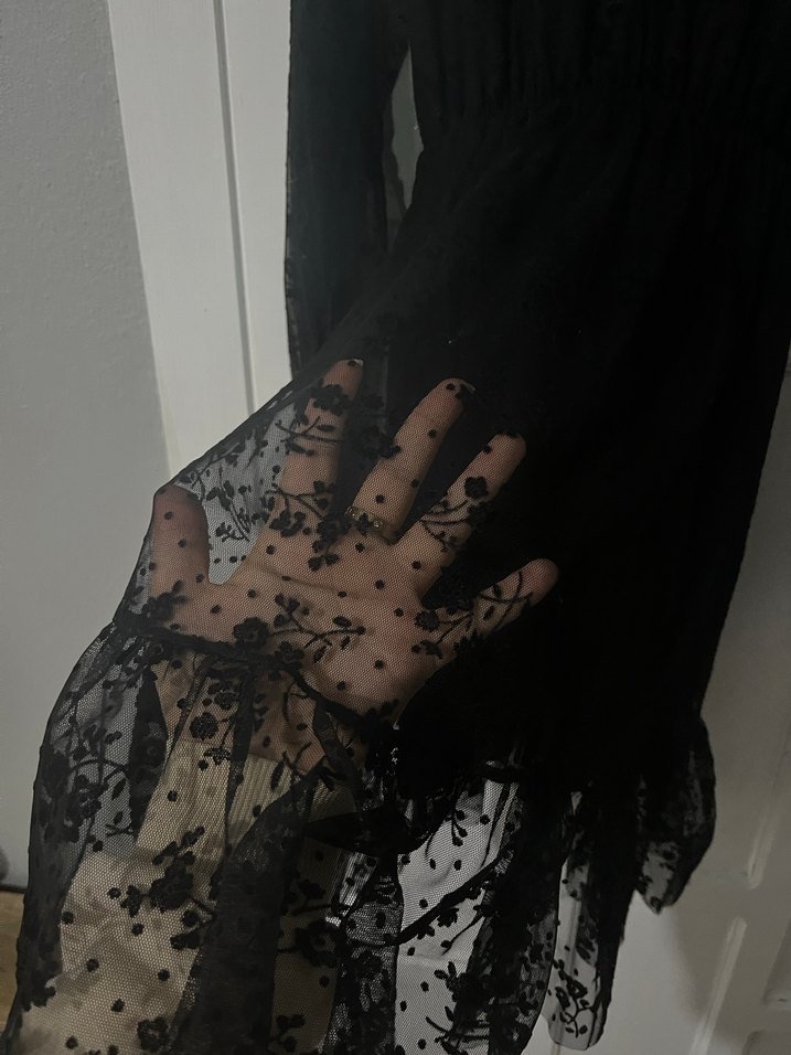 Dantel Detaylı Siyah Uzun Kollu Gotik Elbise - Görsel 2