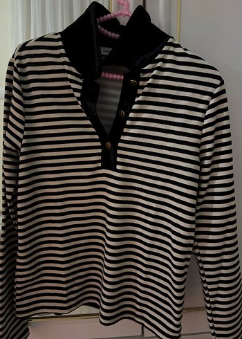 Düğmeli Siyah-Beyaz Çizgili Kadın Kazak mango - Görsel 2