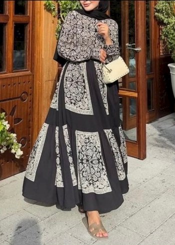 Kemerli Siyah Desenli Bohem Uzun Elbise - Görsel 2