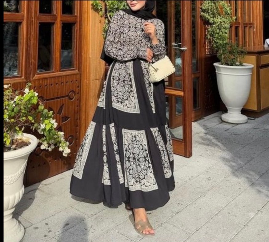 Kemerli Siyah Desenli Bohem Uzun Elbise - Görsel 2