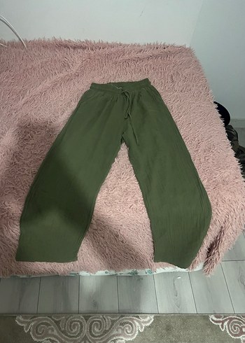 Kadın Haki Keten belden bağlamalı Rahat keten Pantolon - Görsel 2