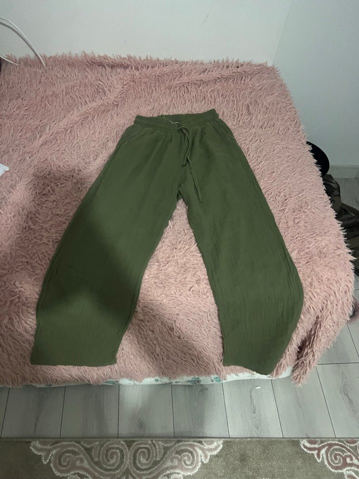 Kadın Haki Keten belden bağlamalı Rahat keten Pantolon - Görsel 2