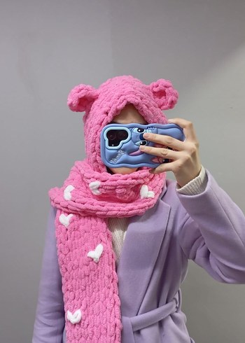 Pembe Örgü Çocuk Bere ve Atkı Seti - Görsel 5