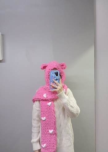 Pembe Örgü Çocuk Bere ve Atkı Seti - Görsel 7