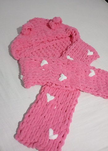 Pembe Örgü Çocuk Bere ve Atkı Seti - Görsel 12