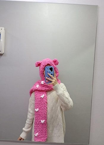 Pembe Örgü Çocuk Bere ve Atkı Seti - Görsel 3