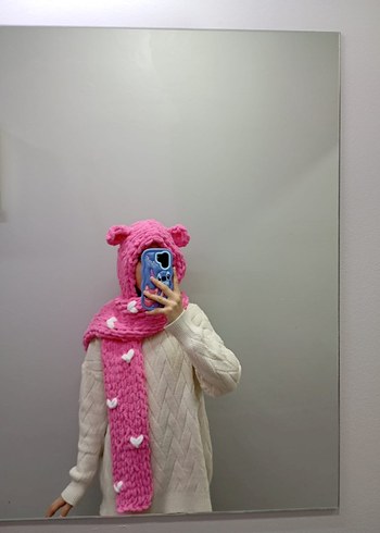 Pembe Örgü Çocuk Bere ve Atkı Seti - Görsel 2