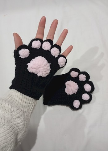 Pembe Pençe Desenli Triko Kadın Eldiven - Görsel 3