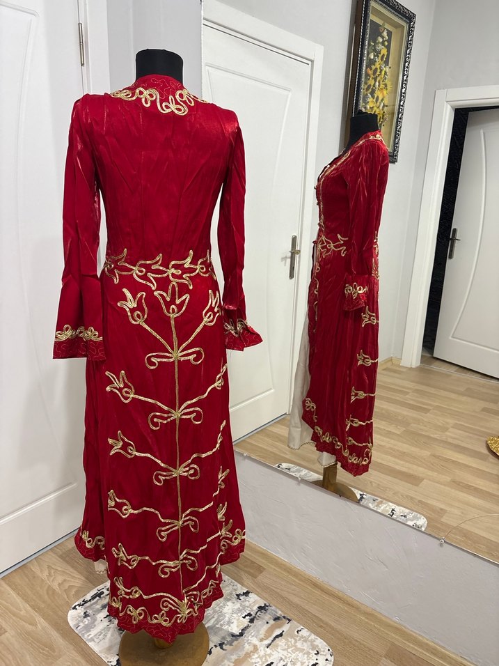 Bordo Nakışlı Uzun Kadın Bindallı Elbise - Görsel 3