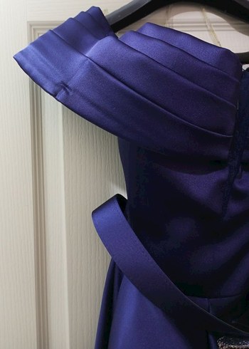 Lacivert Saten Uzun Kemerli Abiye Elbise - Görsel 3