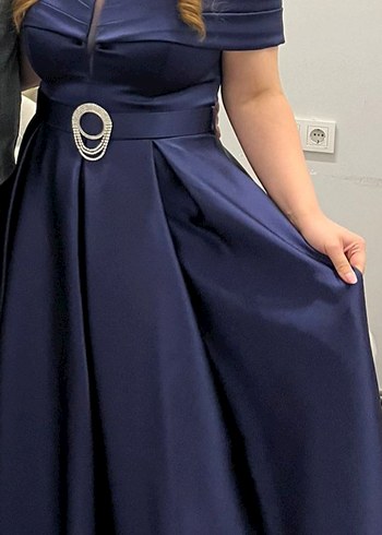 Lacivert Saten Uzun Kemerli Abiye Elbise - Görsel 2