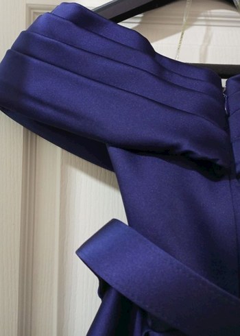 Lacivert Saten Uzun Kemerli Abiye Elbise - Görsel 4