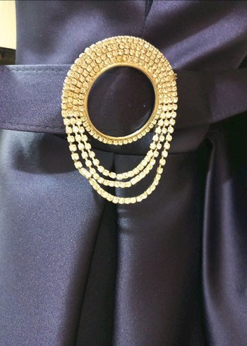 Lacivert Saten Uzun Kemerli Abiye Elbise - Görsel 5