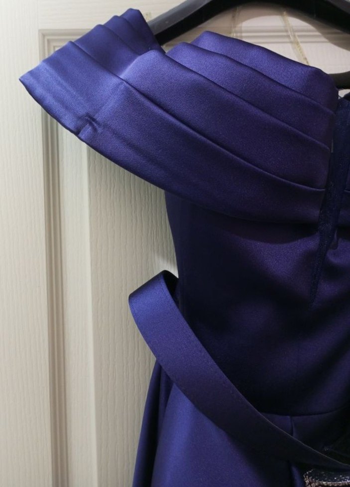 Lacivert Saten Uzun Kemerli Abiye Elbise - Görsel 3