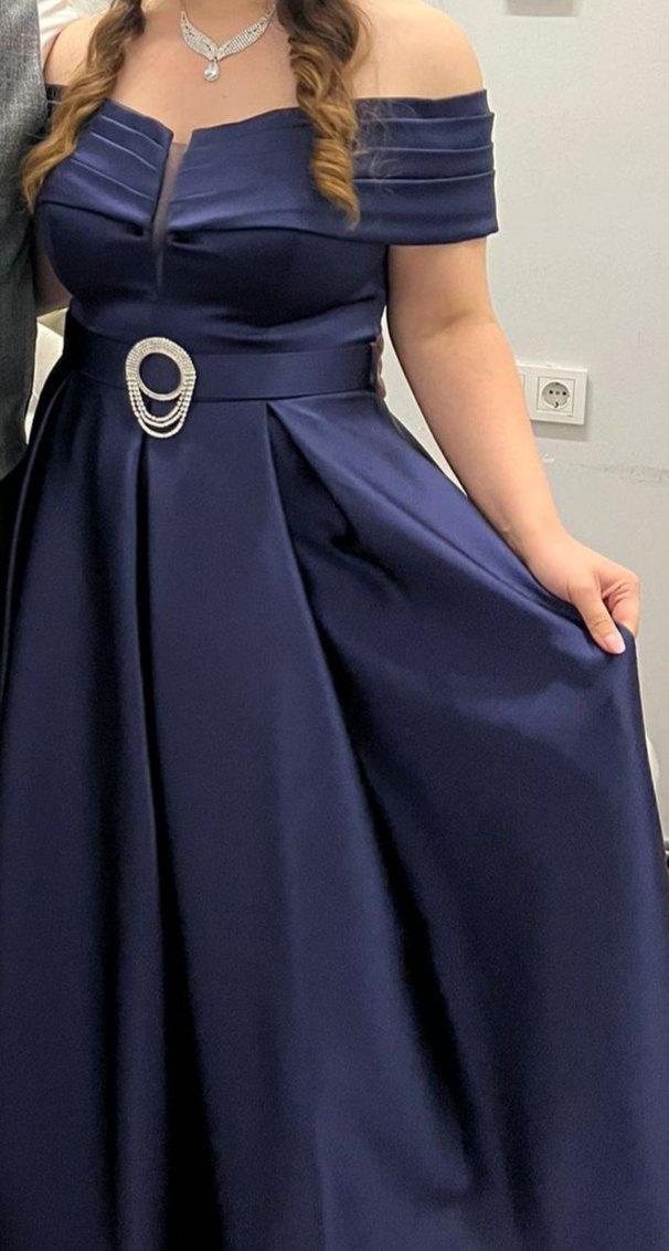Lacivert Saten Uzun Kemerli Abiye Elbise - Görsel 2