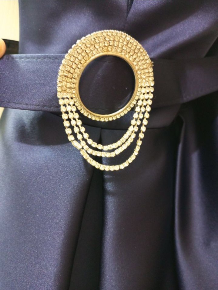 Lacivert Saten Uzun Kemerli Abiye Elbise - Görsel 5