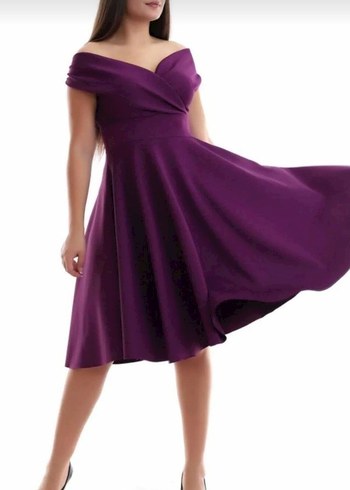 Mor V Yakalı Midi Abiye Elbise - Görsel 2