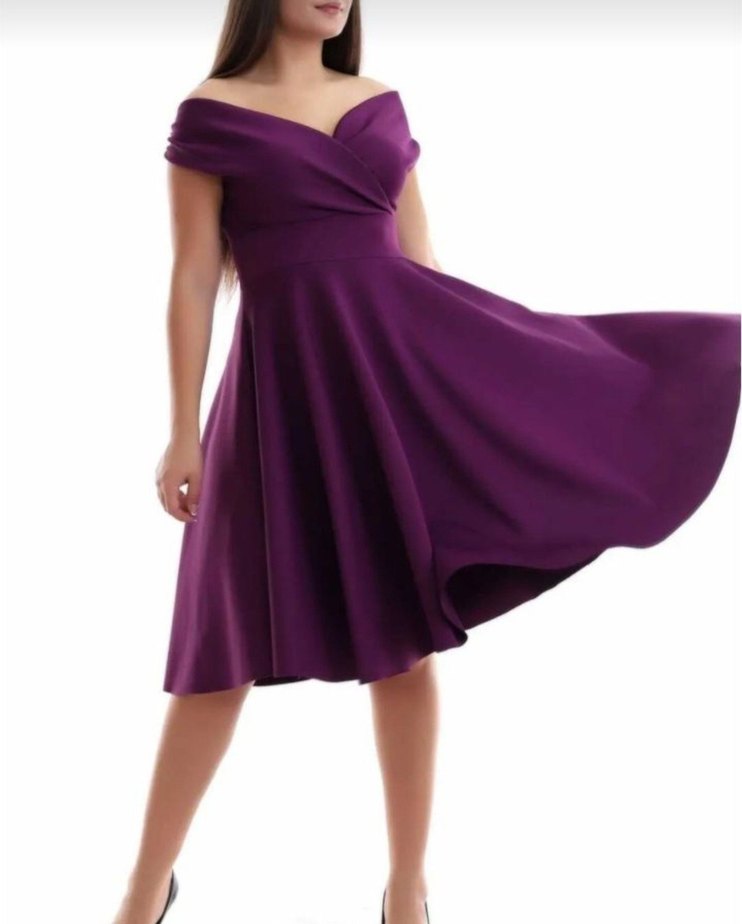 Mor V Yakalı Midi Abiye Elbise - Görsel 2