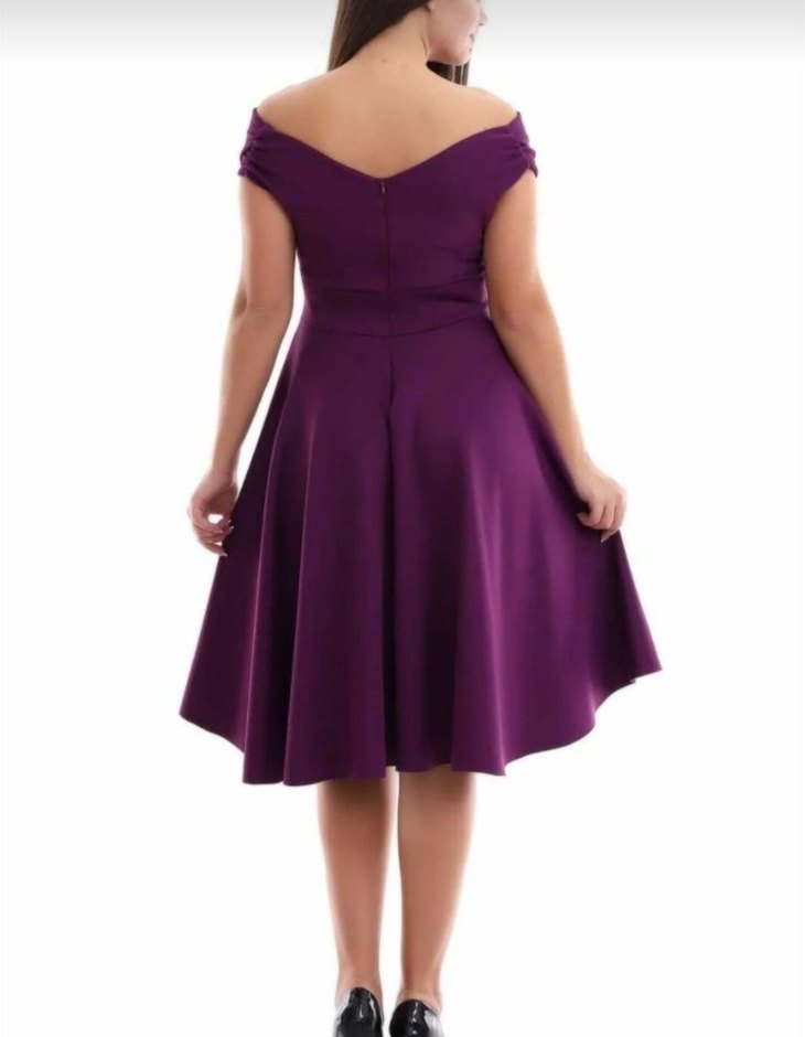 Mor V Yakalı Midi Abiye Elbise - Görsel 4