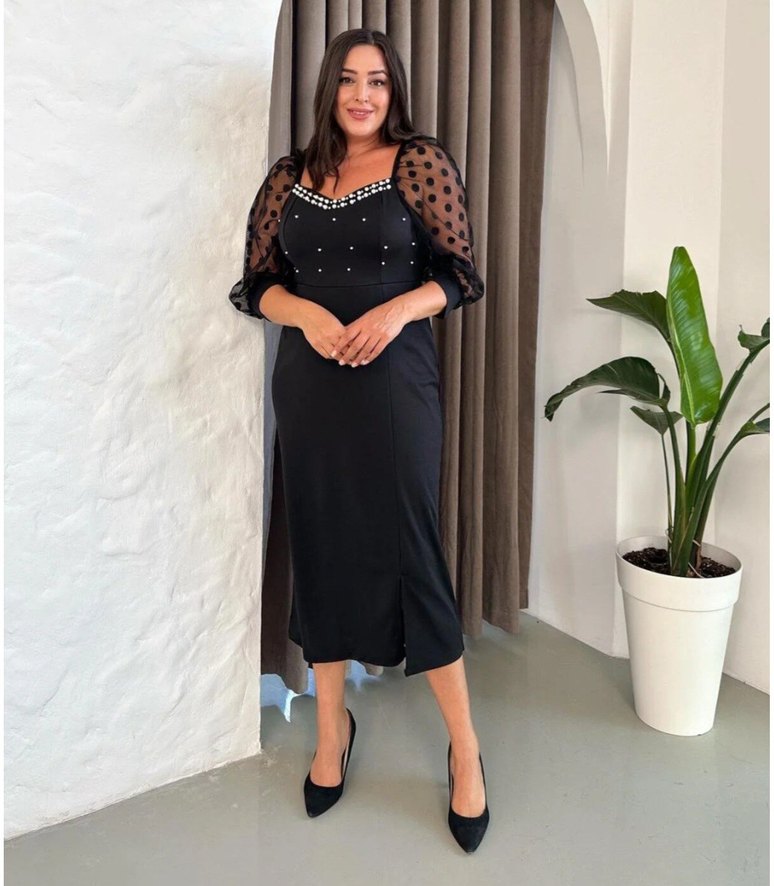 İnci Detaylı Tül Kollu Siyah Uzun Elbise - Görsel 2