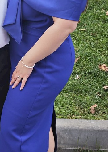 Saks mavisi Uzun Kayık Yaka Kalem Elbise - Görsel 4