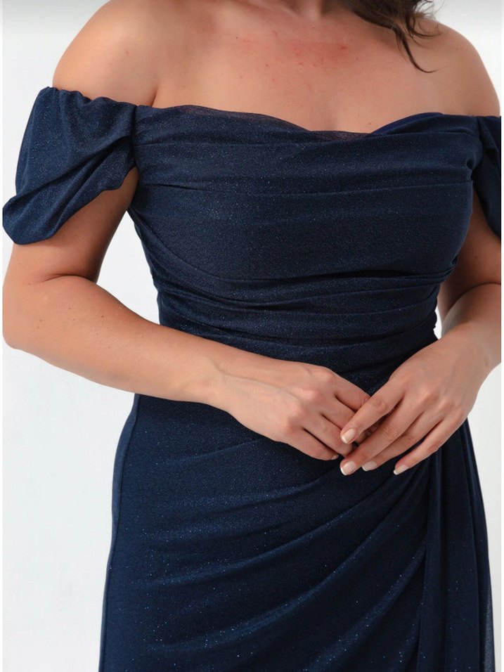 Simli Lacivert Uzun Abiye Elbise - Görsel 3