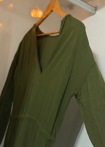 Kadın Haki Uzun Keten Elbise - Görsel 3