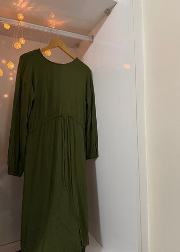 Kadın Haki Uzun Keten Elbise - Görsel 3