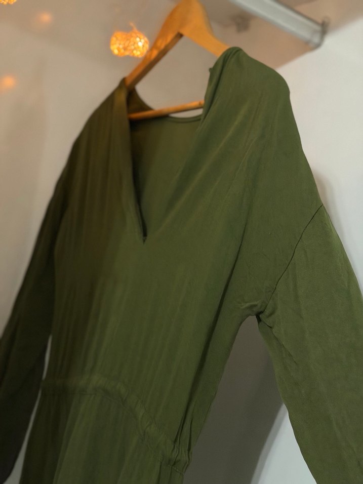 Kadın Haki Uzun Keten Elbise - Görsel 4