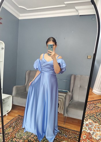 BEBE MAVİSİ UZUN SATEN KADIN ELBİSE ABİYE - Görsel 2