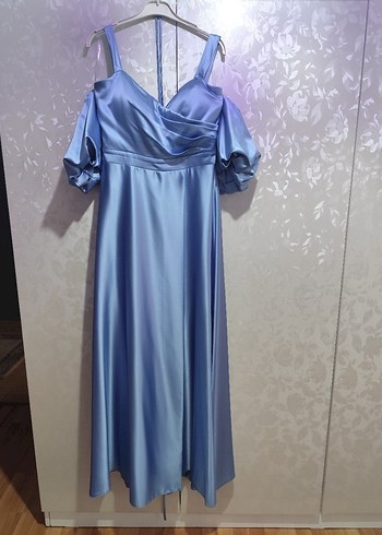 BEBE MAVİSİ UZUN SATEN KADIN ELBİSE ABİYE - Görsel 7