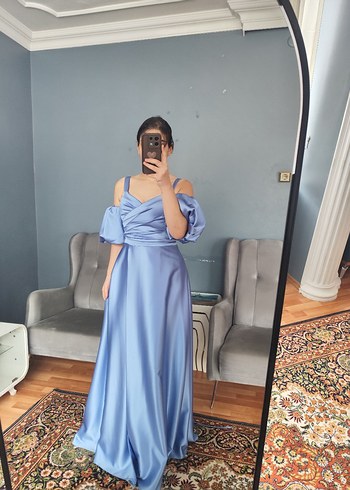 BEBE MAVİSİ UZUN SATEN KADIN ELBİSE ABİYE - Görsel 6