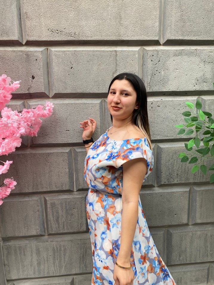 Kadın Mavi çiçekli Midi Salaş Elbise - Görsel 3