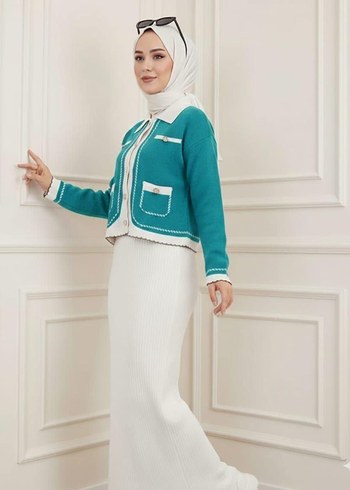 Düğmeli Yeşil Çizgili Kadın Triko Elbise - Görsel 17