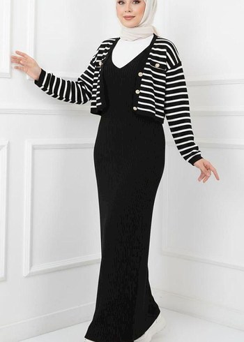 Düğmeli Yeşil Çizgili Kadın Triko Elbise - Görsel 16