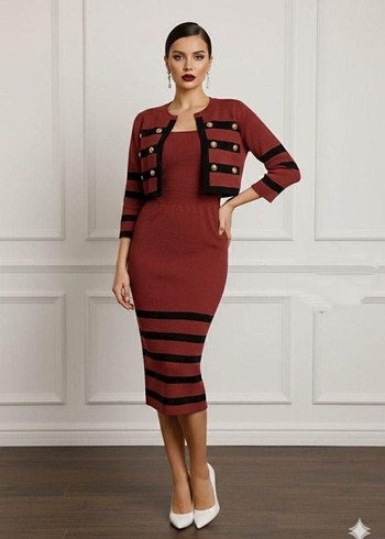 Düğmeli Yeşil Çizgili Kadın Triko Elbise - Görsel 3