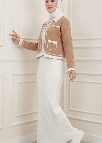 Düğmeli Yeşil Çizgili Kadın Triko Elbise - Görsel 14