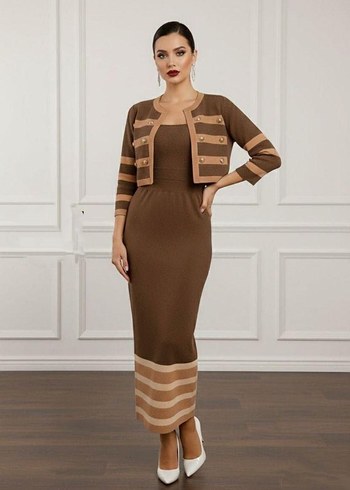 Düğmeli Yeşil Çizgili Kadın Triko Elbise - Görsel 2