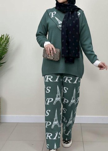 Düğmeli Yeşil Çizgili Kadın Triko Elbise - Görsel 13