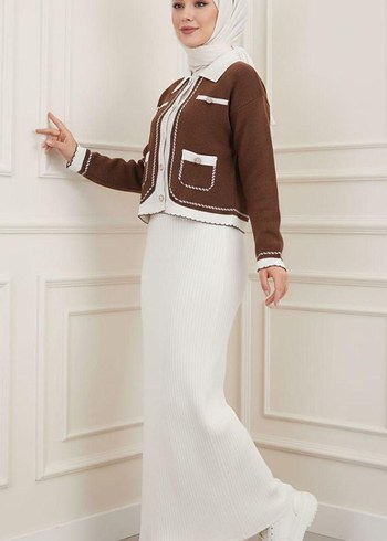 Düğmeli Yeşil Çizgili Kadın Triko Elbise - Görsel 20