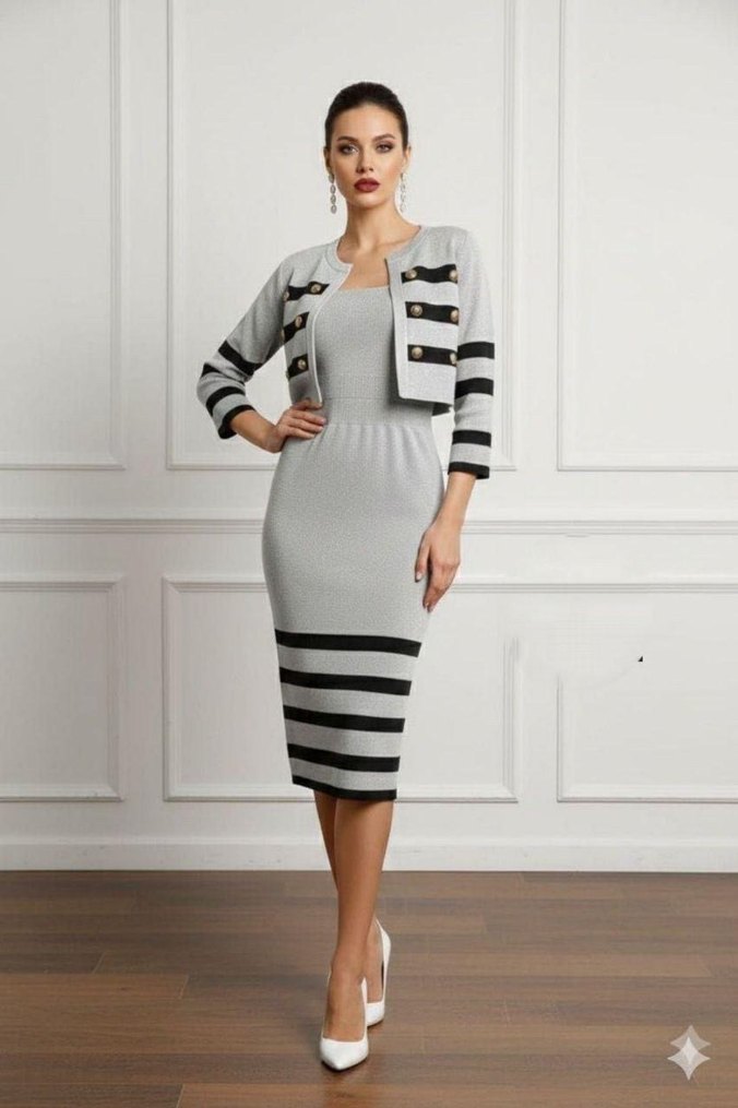 Düğmeli Yeşil Çizgili Kadın Triko Elbise - Görsel 5