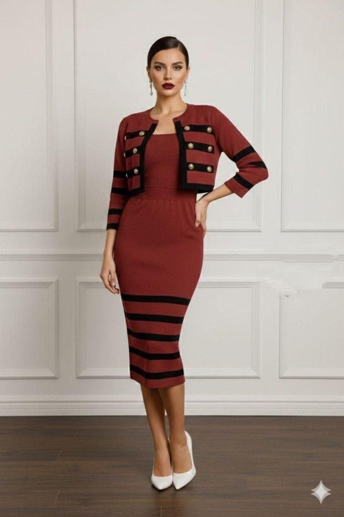 Düğmeli Yeşil Çizgili Kadın Triko Elbise - Görsel 3