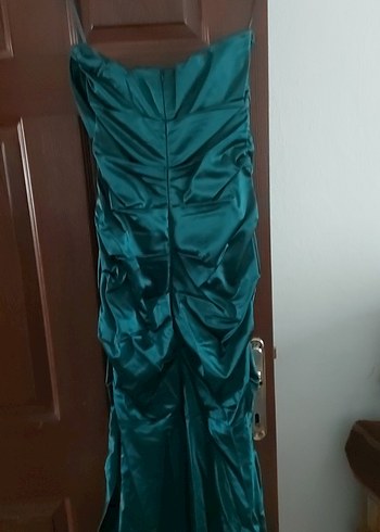 Drapeli Uzun Straplez Turkuaz Abiye Elbise - Görsel 4