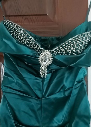 Drapeli Uzun Straplez Turkuaz Abiye Elbise - Görsel 2